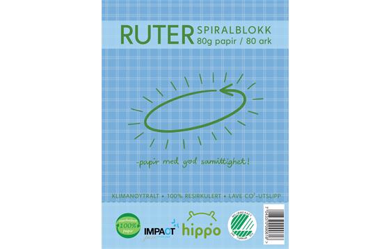 9061   Spiralblokk, A4, Natur, Ruter, 80ark 80g Milj&#248;merket, Hippo, Resirkulert papir